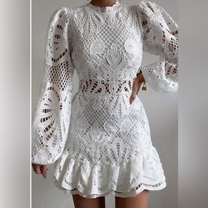 Showpo Long Puff Sleeve Dress in White Lace- Size 4